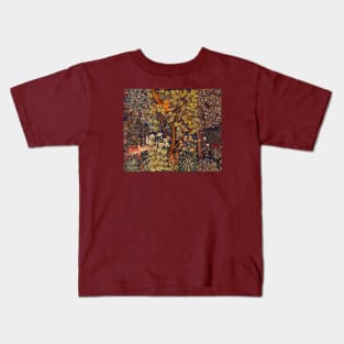 GREENERY,FOREST ANIMALS Pheasant on Autumn Tree,Squirrel,Hares,Red Yellow Floral Tapestry Kids T-Shirt